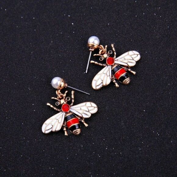 Red Enamel Glaze Bumble Bee Pearl Crystal Gold Statement Dangle Earrings - Picture 8 of 8